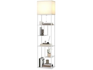 Lampadaire avec étagères, luminosité et température de couleur réglables, idéal pour chambre, bureau ou salon, blanc.