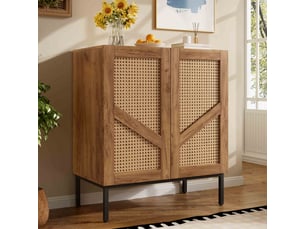 Buffet bas 70x38,5x80 cm - meuble de rangement en bois avec pieds métal,2 portes cannage rotin pe, étagères réglables - bois naturel