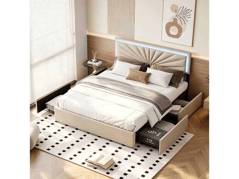  Lit 160 x 200 cm - led - usb - moderne - cadre de lit adulte 160x200 cm - velours - beige  - Conforama B