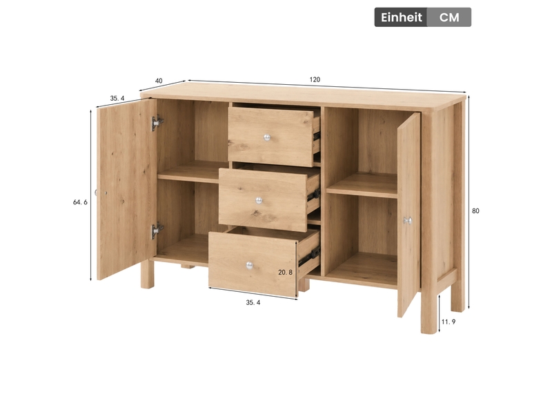  Buffet et enfilade avec 3 tiroirs et 2 portes, rangement polyvalent pour salle à manger, chêne, 120 × 40 × 80 cm  - Conforama D