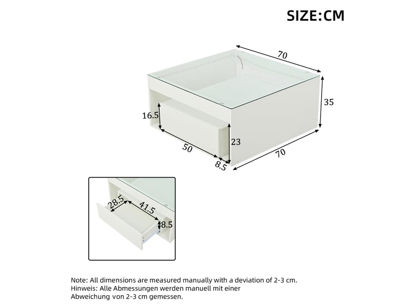  Table basse avec 2 tiroirs, niche ouverte et led, pour salon, 70 × 70 × 35 cm, en mdf et verre trempé, blanc  - Conforama D