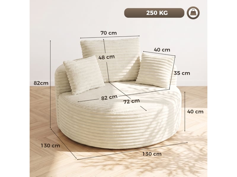  Fauteuil lounge à assise profonde  - 4 coussins, mousse intégrale, velours côtelé - crème  - Conforama D