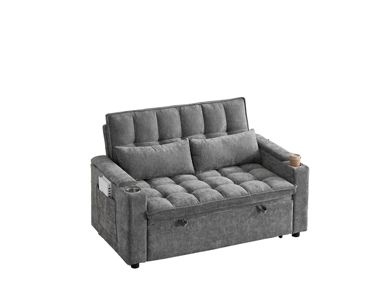  Canapé convertible 3 en 1 142 cm - canapé-lit avec fonction relax, coussins effet nuage, rangement intégré et porte-gobelets - chenille gris  - Conforama A