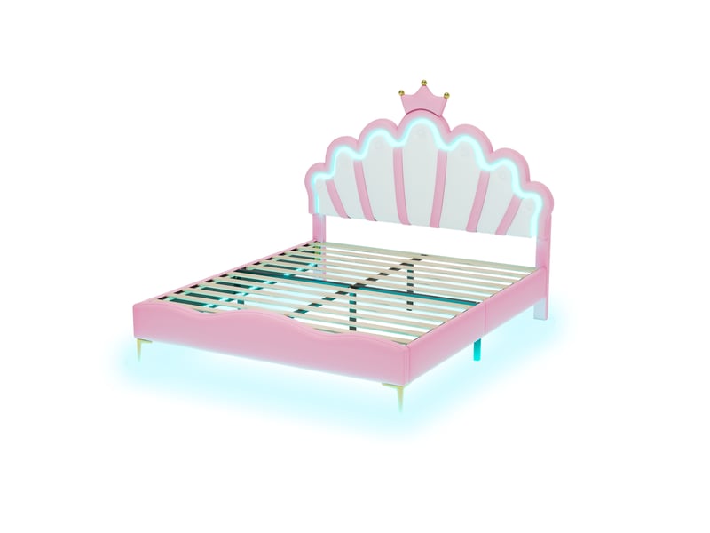 Lit enfant 140x200 cm avec led et tête couronne, similicuir, rose, sans matelas - Conforama E