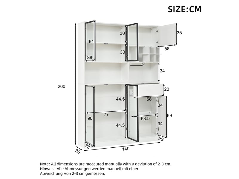  Vitrine avec led, 7 portes, 1 tiroir, 9 niches, range-verres et casiers à bouteilles, pour salon 140 × 30 × 200 cm  - Conforama C