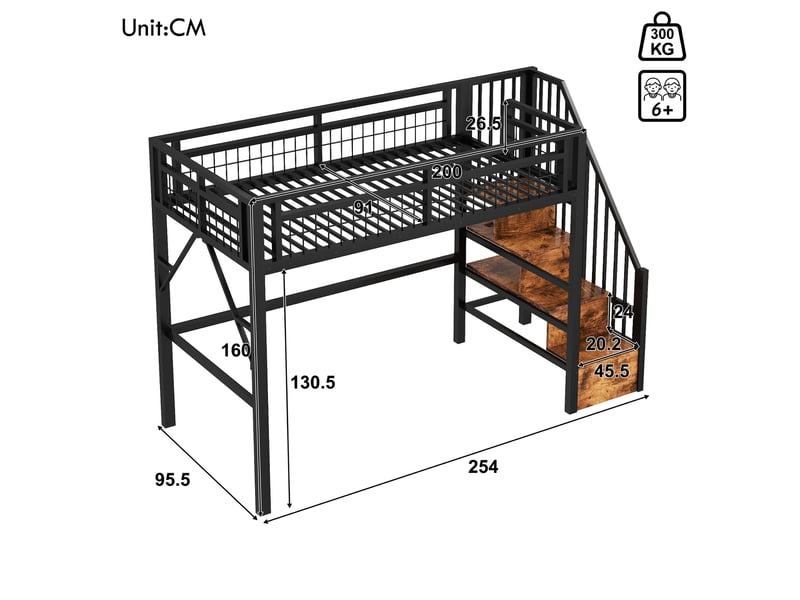  Lit mezzanine 90x200 cm avec led, escalier avec rangement, espace sous le lit aménageable, cadre métallique et mdf, noir Radiant Stride - Conforama C
