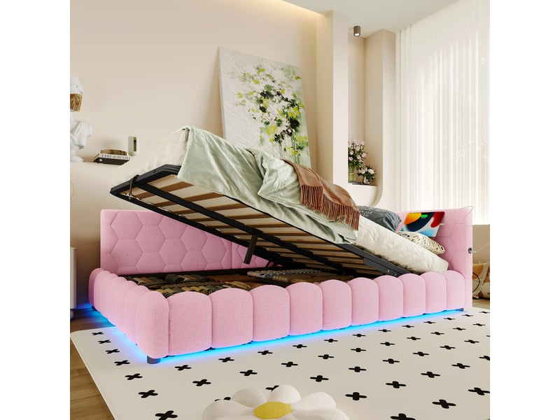  Lit banquette double 140×200 cm coffre, usb, type-c et led réglable  - sans matelas, velours - rose  - Conforama B