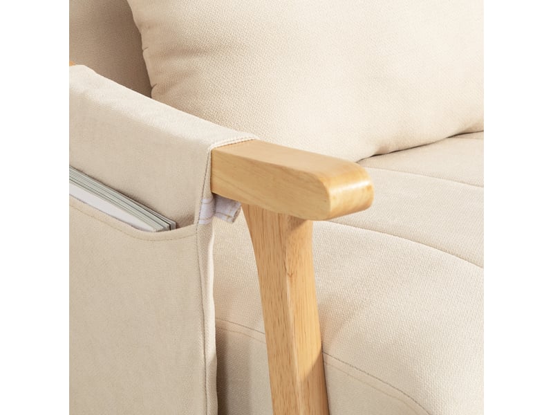  Fauteuil à bascule, rocking chair en tissu efft lin, coussin lombaire, pieds en bois d'hévéa, assise rembourrée, beige  - Conforama D