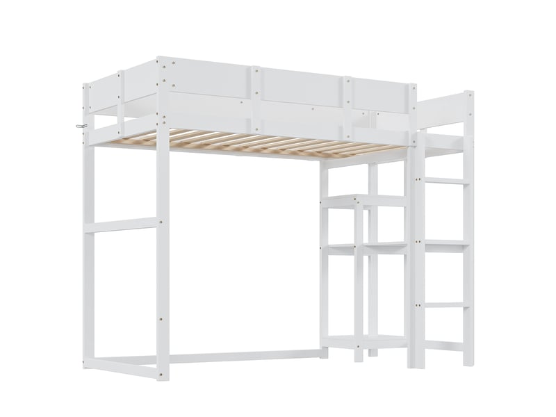 Lit mezzanine enfant 90x200 cm avec étagère, garde-corps et escalier, sommier inclus, pin, blanc, sans matelas  - Conforama E