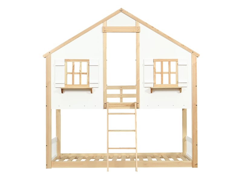  Lit superposé, 90 x 200 cm, belle fenêtre et toit, barrières de sécurité latérales, pin + mdf + contreplaqué, blanc et naturel  - Conforama A
