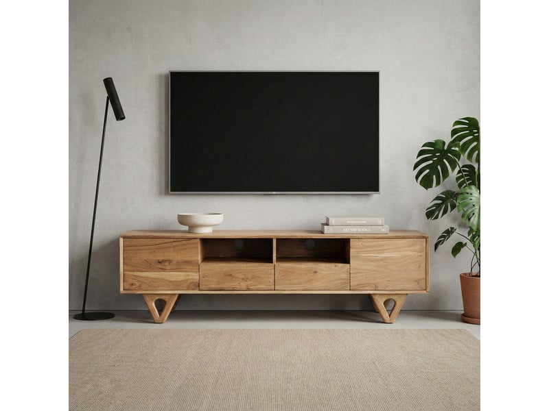 Finebuy meuble tv bas en bois massif d'acacia 160cm - meuble tv avec portes, tiroirs et compartiments ouverts - meuble tv avec passe-câbles - commode tv moderne  - Conforama C