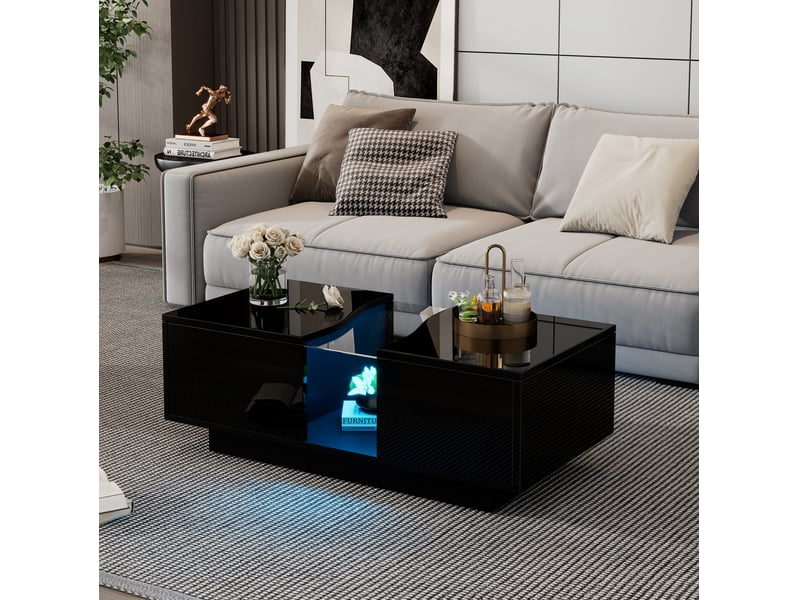  Table basse led 100x50x35 cm noire brillante avec 2 tiroirs et panneau acrylique  - Conforama D