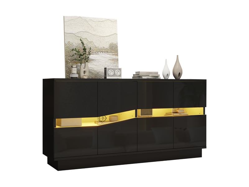  Buffet 140x35x70cm avec éclairage led, 4 portes push-to-open et façades brillantes, meuble de rangement pour cuisine et salon, noir evarich - Conforama A