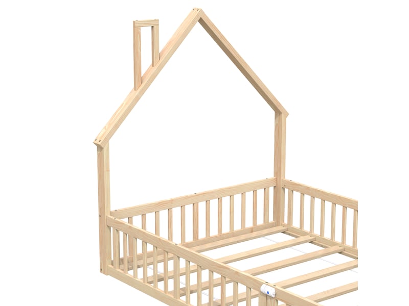  Lit cabane enfant 140x200 cm en pin naturel, toit avec cheminée, barrières de protection et sommier, sans matelas  - Conforama D