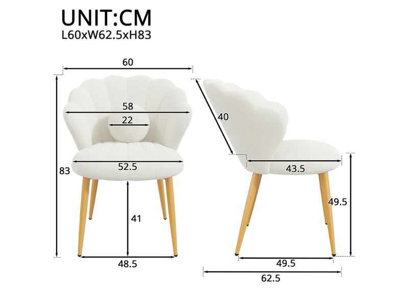 Lot de 6 chaises de salle à manger dossier coquillage en tissu teddy blanc, pieds dorés - Conforama E