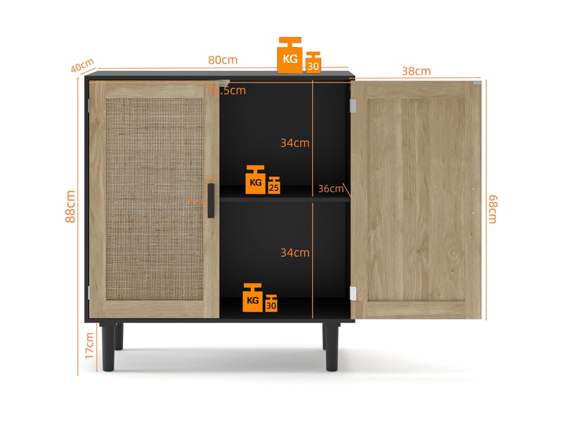  Buffet 2 portes et 2 niches avec poignées en bois massif pour salon 80×40×88 cm noir  - Conforama E