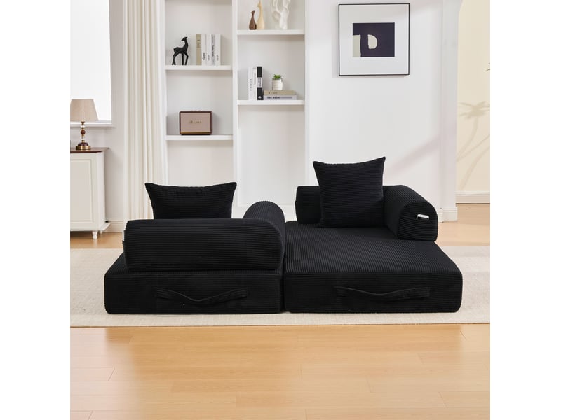  Canapé modulaire 3 places convertible avec poches latérales et 3 coussins en velours côtelé noir  - Conforama D