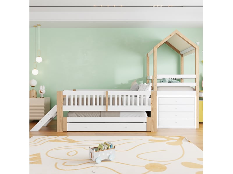  Lit cabane gigogne 90 × 200 et 90 × 190 cm, 4 tiroirs, escalier, sans matelas, bois massif blanc naturel  - Conforama C