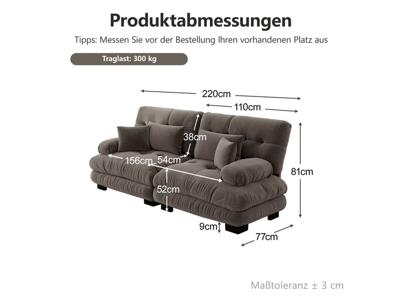  Canapé modulable 220x77x81cm 2 places, accoudoirs galbés, coussins fournis, pour le salon, revêtement chenille, marron  - Conforama C