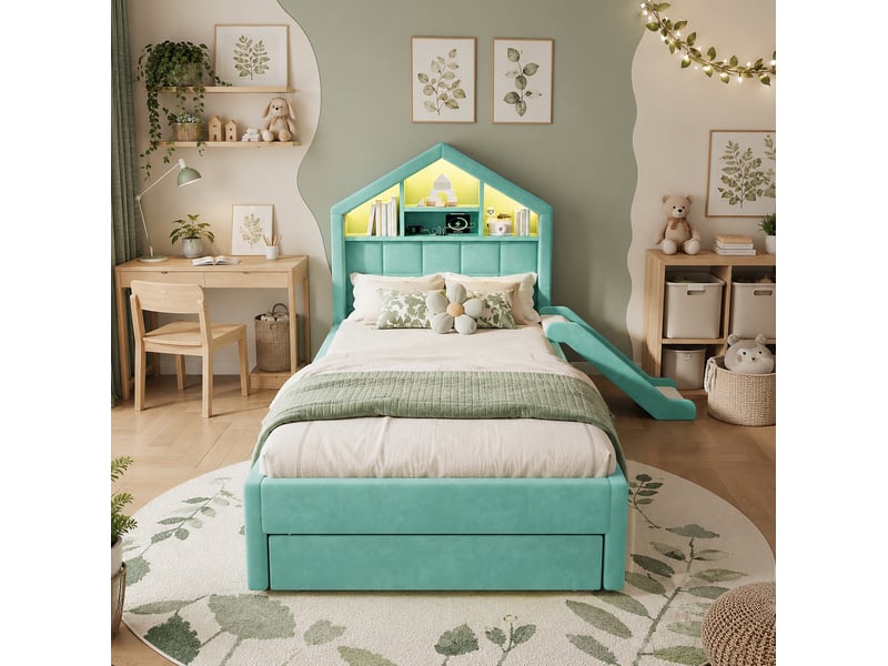  Lit cabane enfant tcqpz 90 x 200 cm rembourré avec toboggan réversible led rangement bleu-vert  - Conforama D