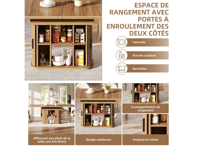 Table à manger extensible 119-159x80x76,5 cm, 2 portes coulissantes et de 6 compartiments, 4 à 6 personnes - marron - Conforama E