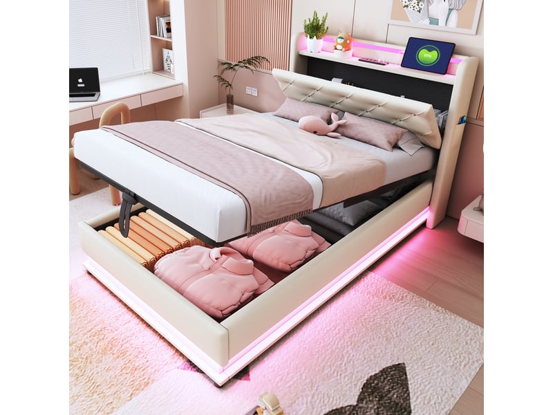  Lit capitonné en lin beige 90 x 200 cm  - Conforama B