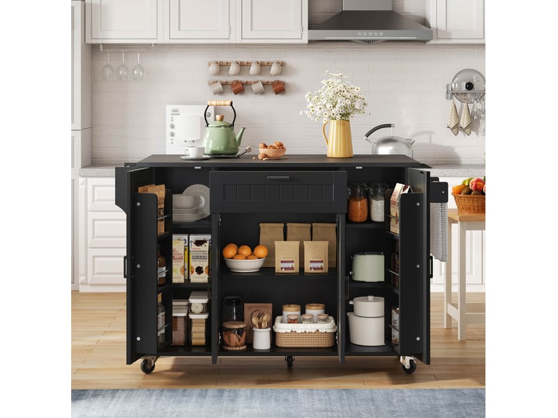Desserte de cuisine 120x4570x95 cm – noire – plateau rabattable, 4 portes, 1 tiroir, 5 roulettes dont 2 freinées - Conforama B