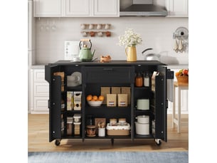 Desserte de cuisine 120x4570x95 cm – noire – plateau rabattable, 4 portes, 1 tiroir, 5 roulettes dont 2 freinées