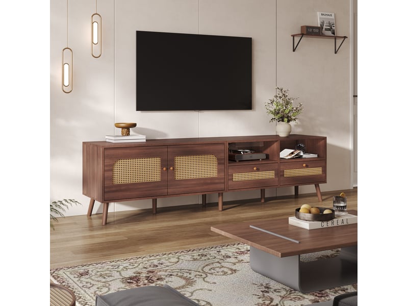  Meuble tv 200 x 37 x 49,5 cm avec 2 portes en rotin, 2 tiroirs, marron foncé  - Conforama D