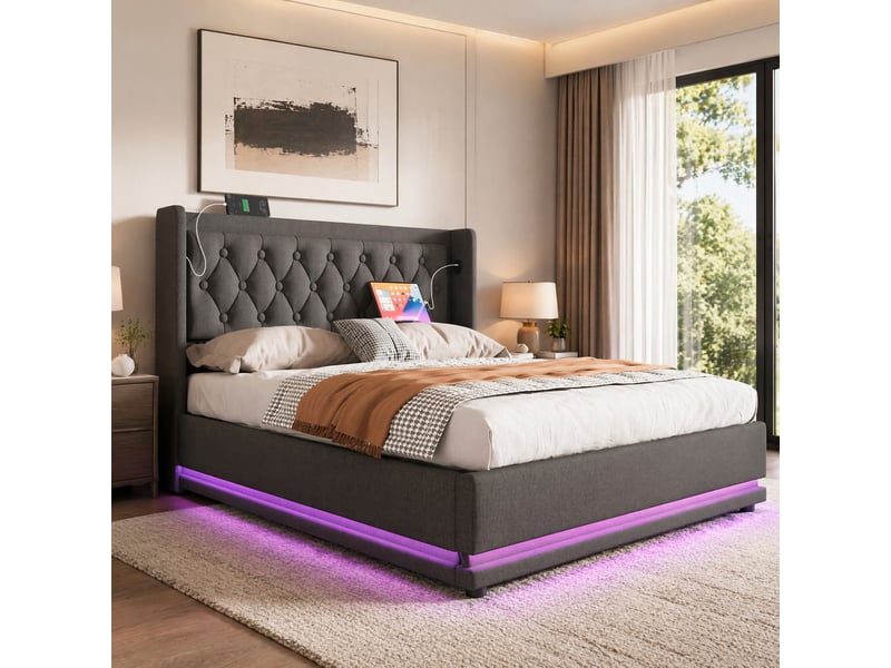  Lit double avec rangement hydraulique gris en coton 140 x 200 cm avec led et ports usbtype-c  - Conforama D