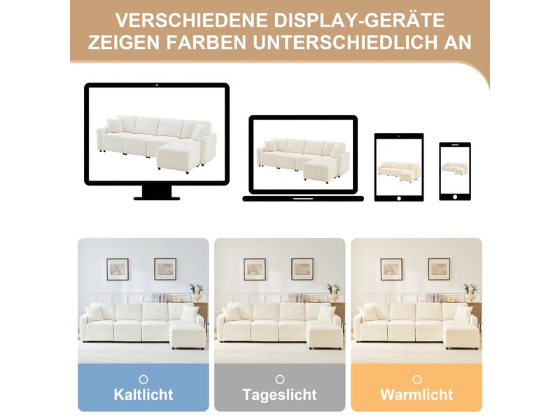 Canapé droit 4 places beige en velours côtelé, 280 × 146 × 85 cm, avec rangement et pouf mobile, pour salon - Conforama C