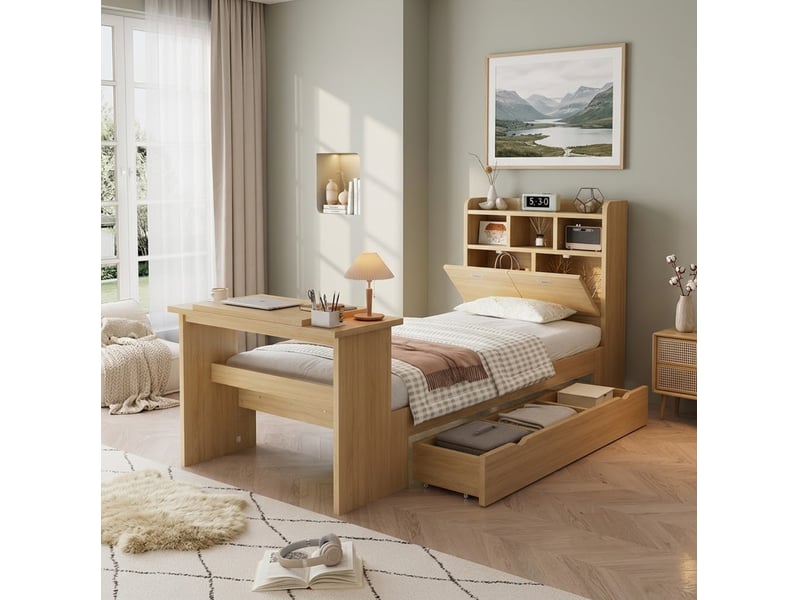  Lit enfant 90x200 cm avec rangement, tiroir modulable et table pliante réglable  - Conforama D