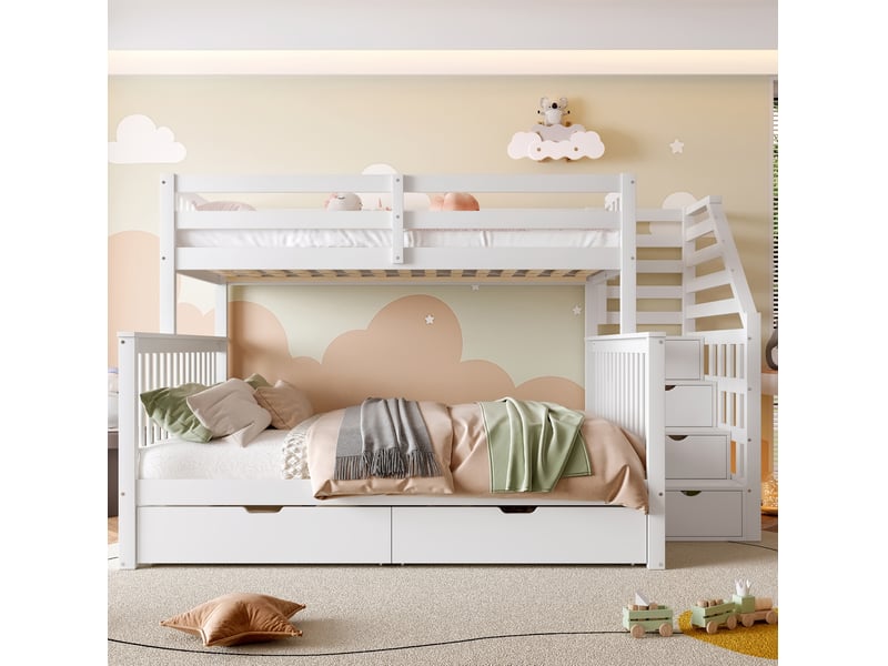  Lit superposé enfant 90x200 et 140x200 cm avec tiroirs blanc  - Conforama E