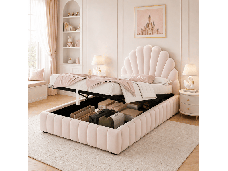  Lit coffre enfant 90x200 cm avec sommier à lattes, velours rose  - Conforama C