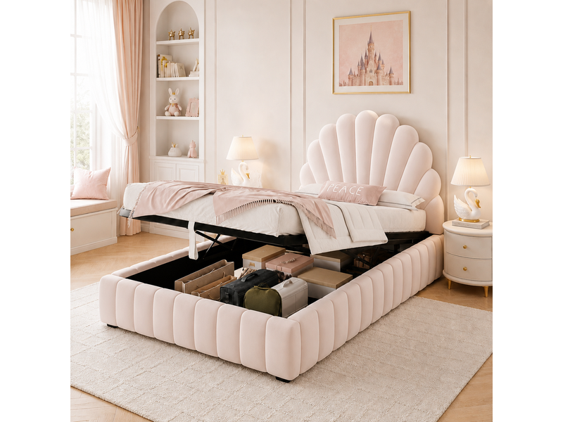  Lit coffre enfant 90x200 cm avec sommier à lattes, velours rose  - Conforama C