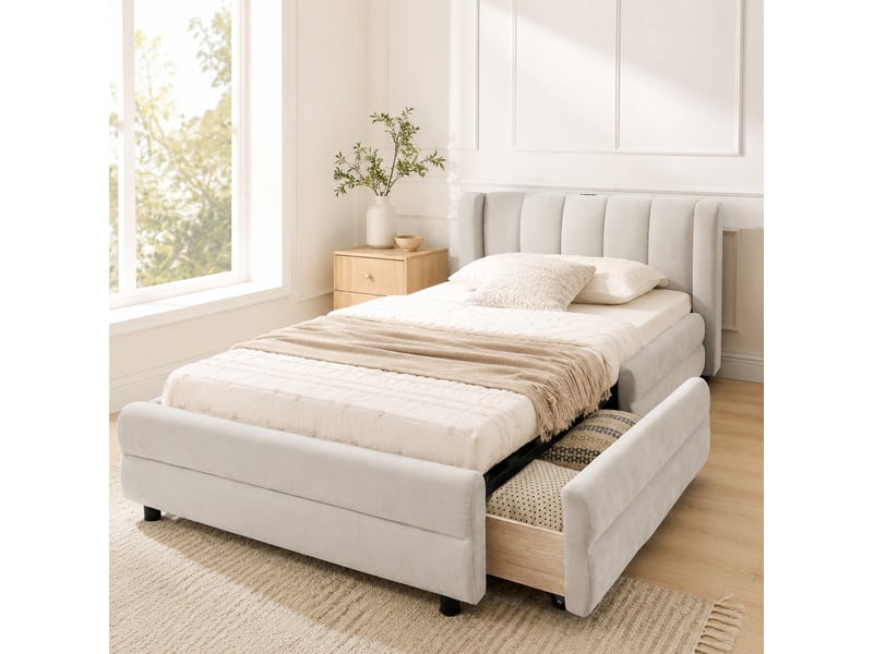  Lit simple 90x200 cm avec 2 tiroirs, ports usb et type c en chenille beige  - Conforama B