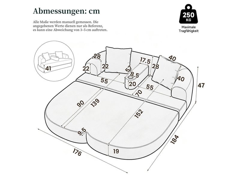  Canapé lounge pliant 2 places 176x184x47 cm 2-en-1 velours côtelé vert  - Conforama E