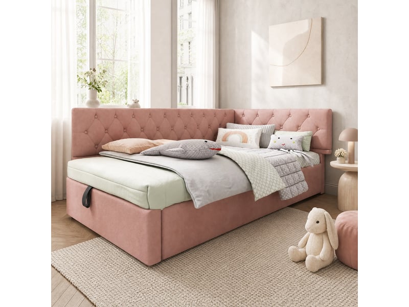 Lit coffre enfant 90x190 cm, sommier à lattes, canapé-lit en l, style moderne, velours rose - Conforama B