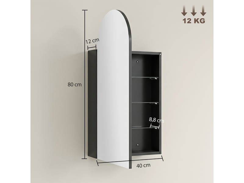  Armoire de toilette murale avec miroir arqué 3 étagères noir 40 x 12 x 80 cm  - Conforama C