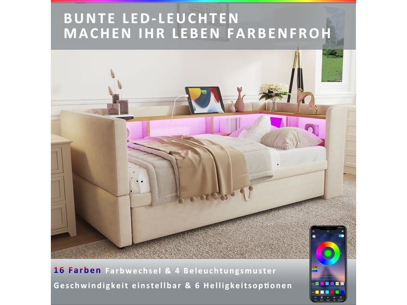  Lit canapé capitonné 90180*190cm, couchage extractible, éclairage led, prises et compartiments, flanelle beige  - Conforama C