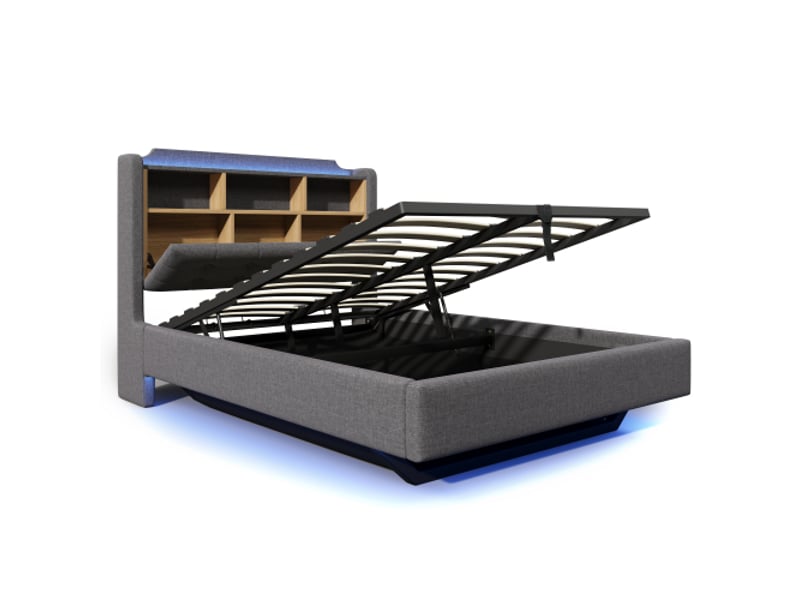  Lit capitonné 140x200 cm led, rangement hydraulique, design flottant, lin gris, usb et usb-c sans matelas  - Conforama D