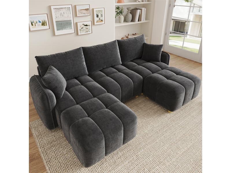 Canapé d’angle modulable 5 places 219x136x84 cm, lu convertible, 2 poufs, coussins inclus, tissu chenille, accoudoirs larges, gris Sol Morn - Conforama B