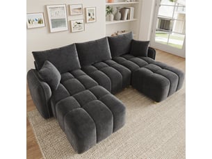 Canapé d’angle modulable 5 places 219x136x84 cm, lu convertible, 2 poufs, coussins inclus, tissu chenille, accoudoirs larges, gris