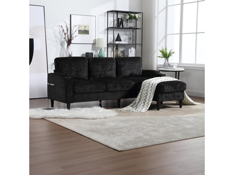  Canapé 4 places modenvie avec pouf de rangement en chenille noir 196,5 x 75 x 77 cm  - Conforama D