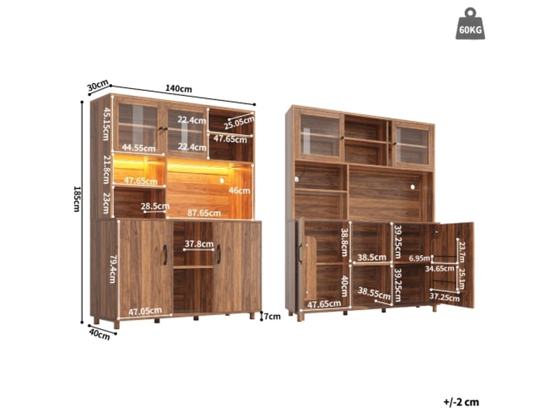  Buffet haut 140x40x185 cm, éclairage led intégré, meuble pour salon et cuisine avec rangement spacieux  - Conforama E