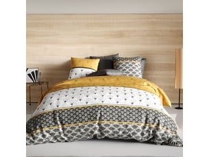 Parure housse de couette 240x220cm + 2 taies motif rétro gris et jaune 100% coton - tilio