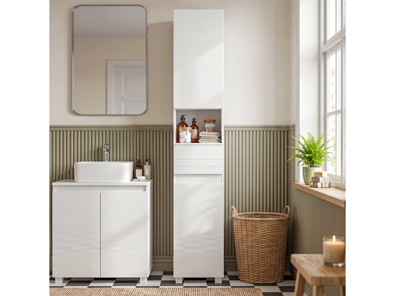  Colonne salle de bain design blanc laqué 2 portes 2 étagères tiroir niche  - Conforama D