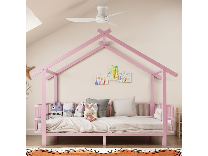  Lit enfant 90 x 200 cm rose, design maison en métal, toit décoratif et barrière semi-fermée  - Conforama E