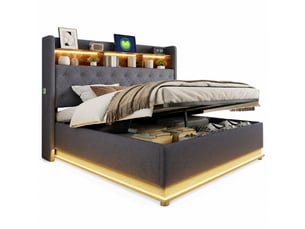 Lit 2 places rembourré 180x200 cm – gris – coffre hydraulique, led multicolores et port usb – sans matelas