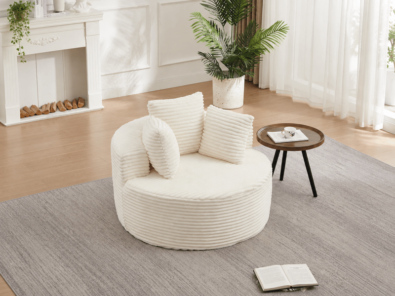  Fauteuil lounge rond 110 cm en velours côtelé, 1 place, assise mousse et ressorts, 3 coussins, beige, design moderne  - Conforama B